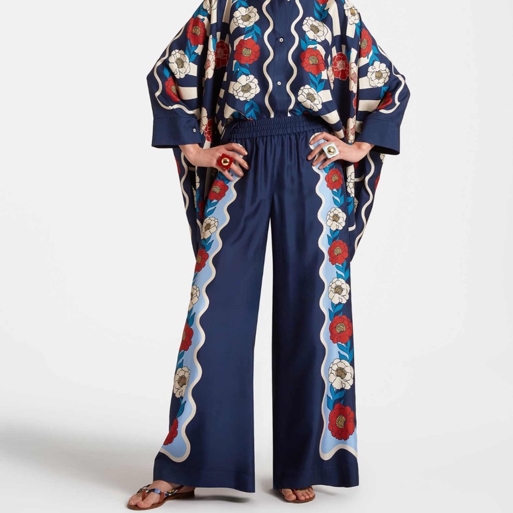 LA DoubleJ x Orlebar Brown silk Palazzo pants in Whitsun placee blue